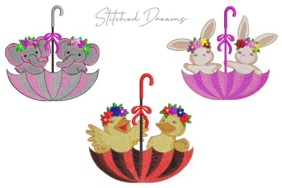 Animal-Filled Umbrella Trio Embroidery