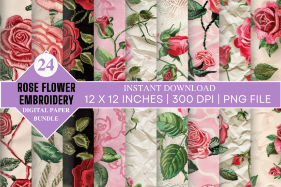 Rose Flower Embroidery Digital Paper